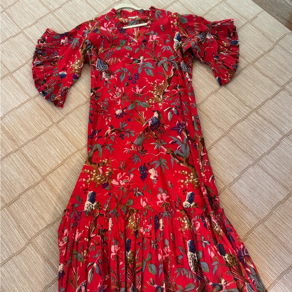 Floral Red Maxi Dress with Ruffled Sleeves size L.    fitzroy&willa